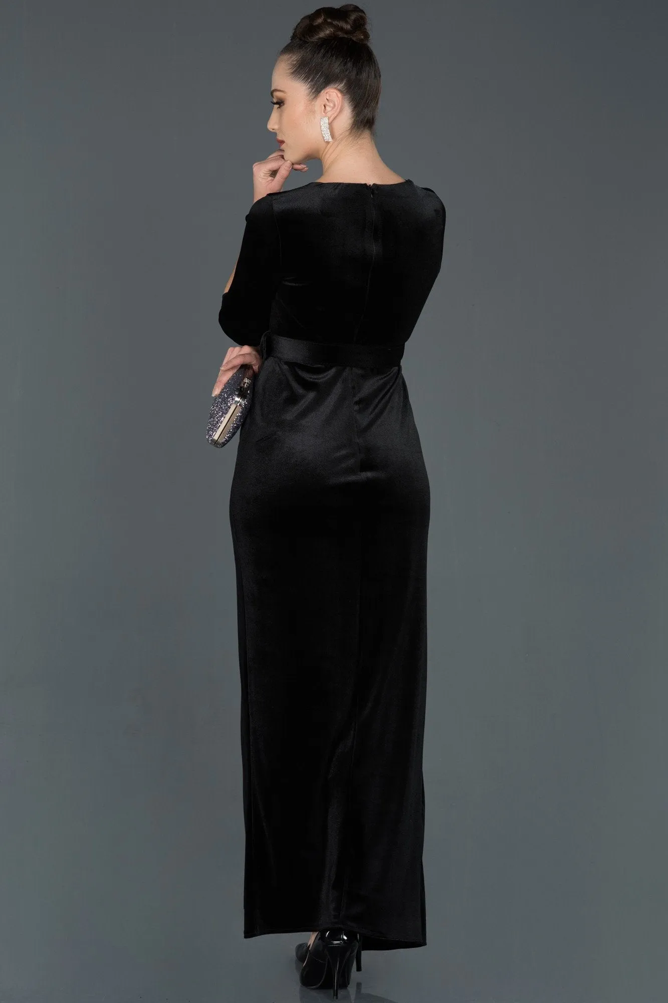 14500 Black Wrap Skirt Slit Velvet Dress