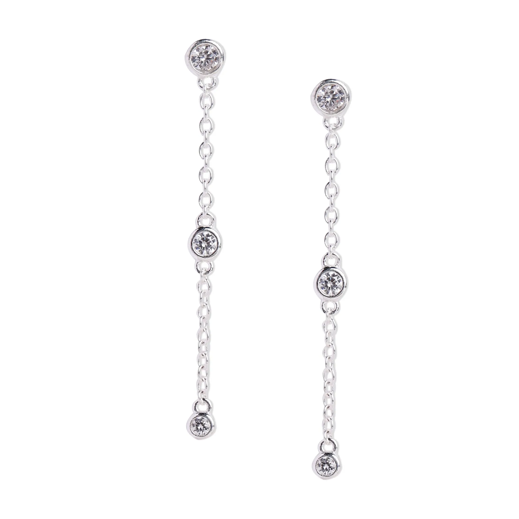 925 Pure Sterling Silver Sparkle Station Long Drop Earrings For Women