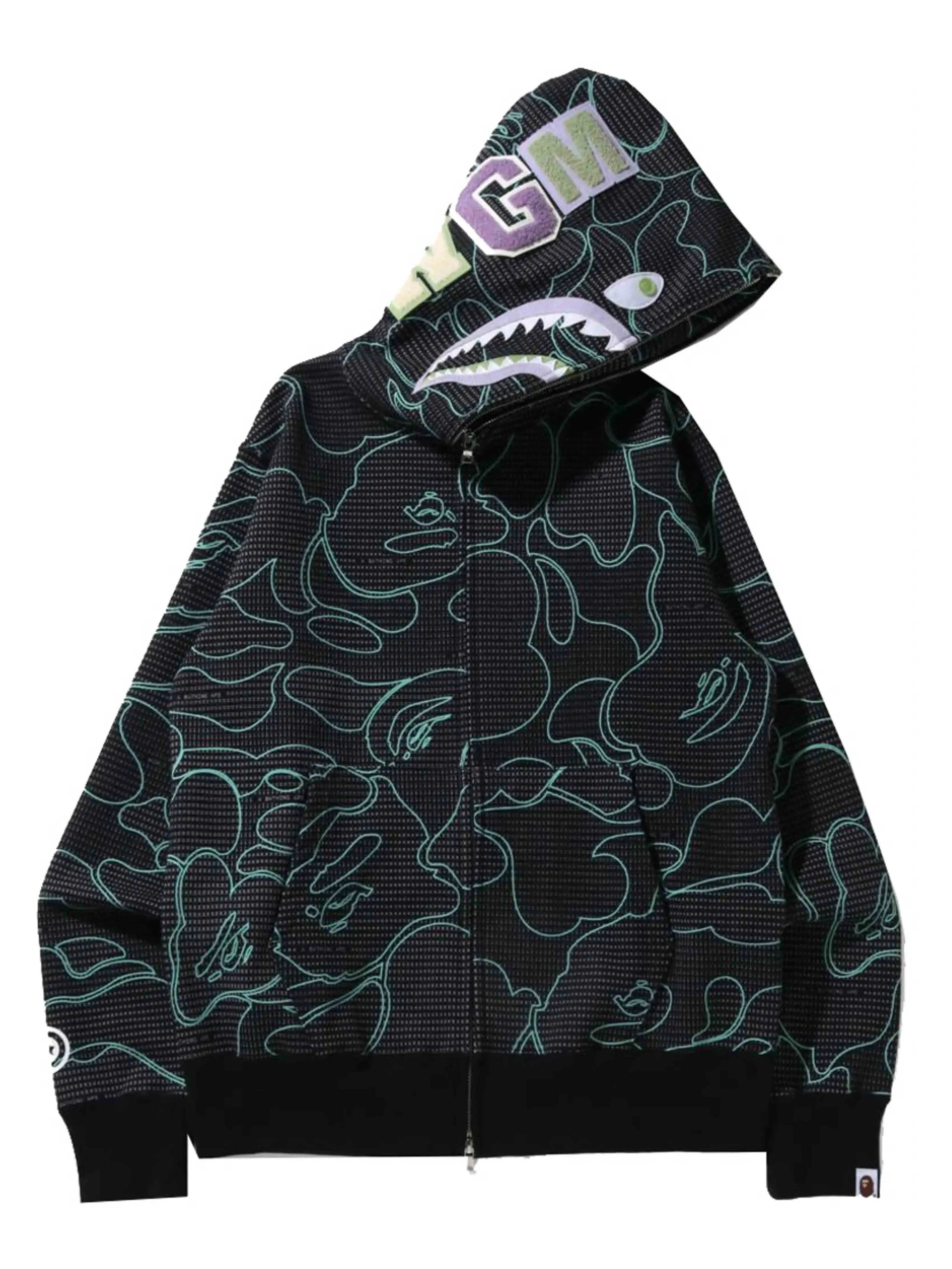 A Bathing Ape Bape Text Code Camo Shark Full Zip Hoodie Black