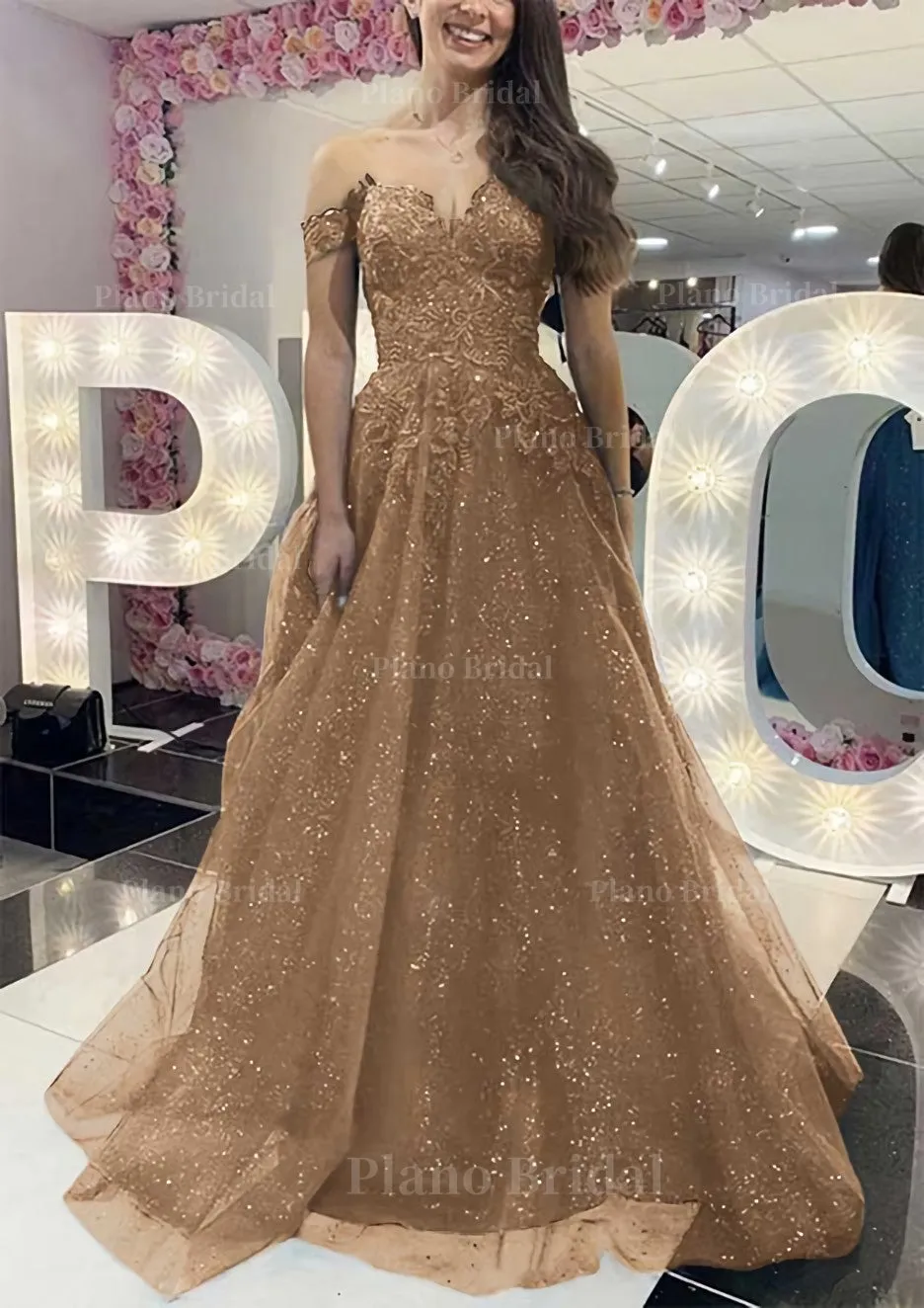 A-line Off-the-Shoulder Regular Straps Long/Floor-Length Tulle Prom Dress With Appliqued Glitter