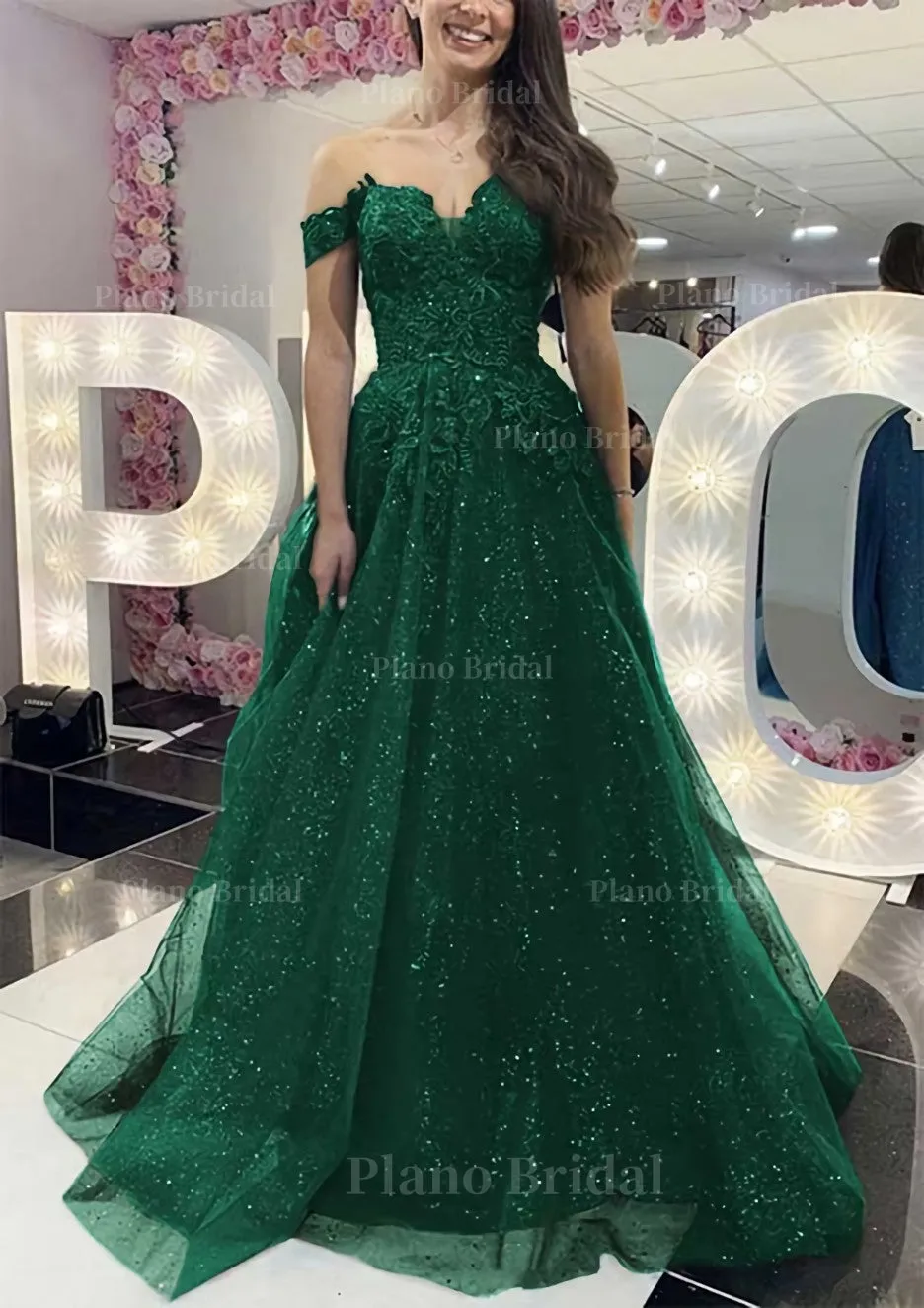 A-line Off-the-Shoulder Regular Straps Long/Floor-Length Tulle Prom Dress With Appliqued Glitter