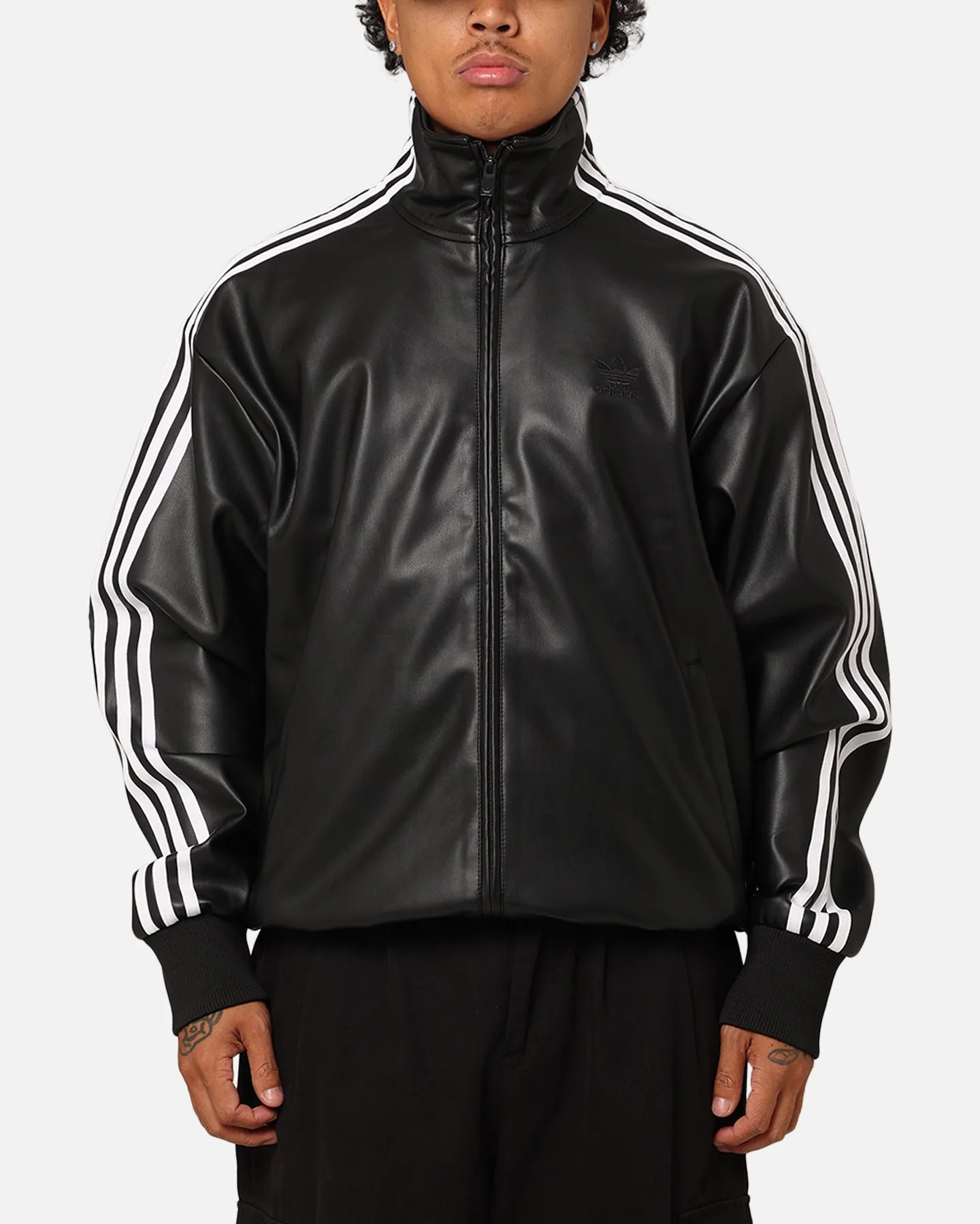 Adidas Faux Leather Adicolour 3-Stripes Loose Firebird Tracksuit Jacket Black