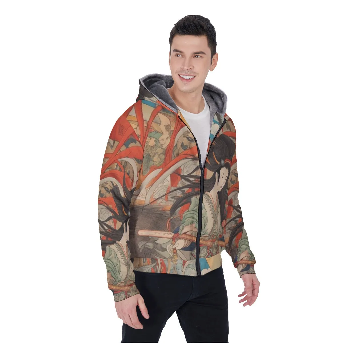 All-Over Print Men's Sherpa Fleece Zip Up Hoodie, Asian themed print, #25u