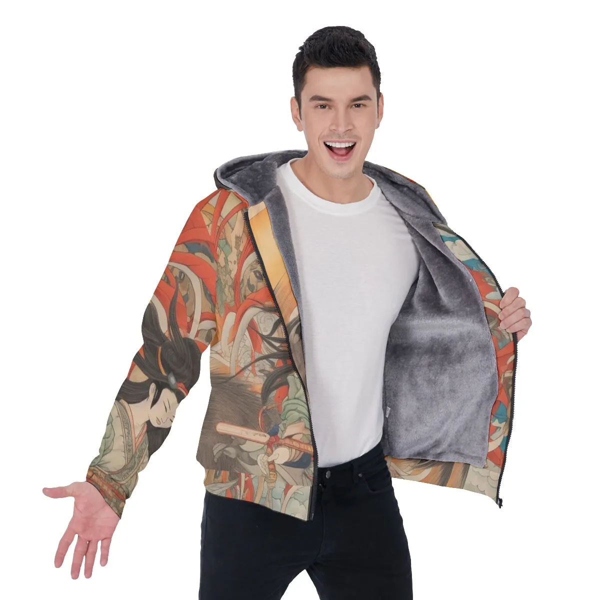 All-Over Print Men's Sherpa Fleece Zip Up Hoodie, Asian themed print, #25u