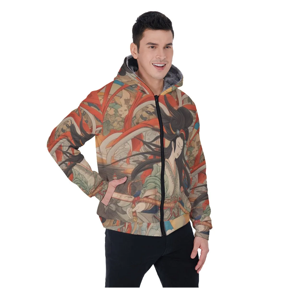 All-Over Print Men's Sherpa Fleece Zip Up Hoodie, Asian themed print, #25u