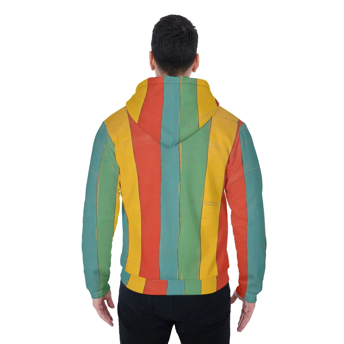 All-Over Print Men's Sherpa Fleece Zip Up Hoodie, striped , blue, yellow, red, green print,#25L