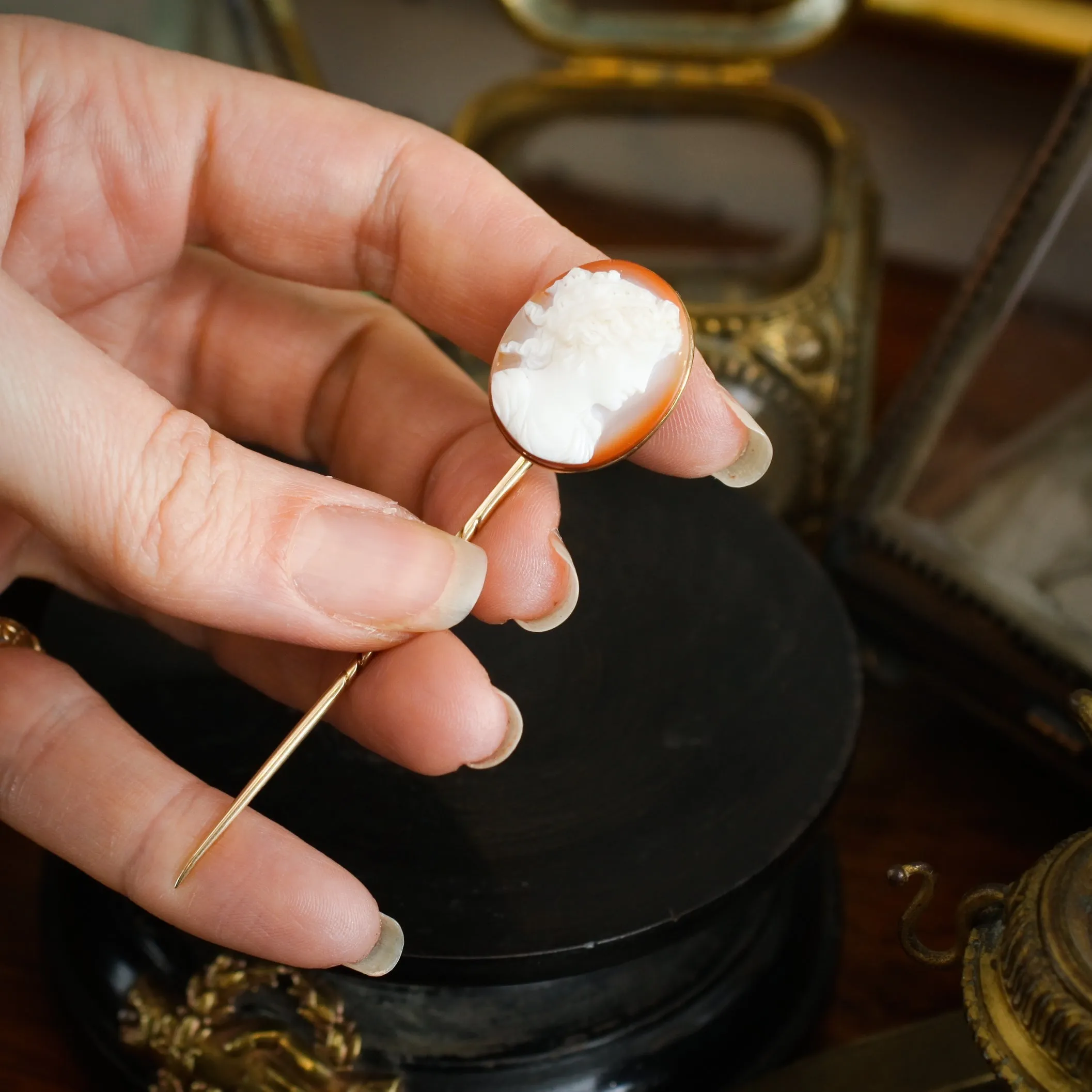 Antique Victorian Hardstone Cameo Grecian Inspired Portrait Stick Pin