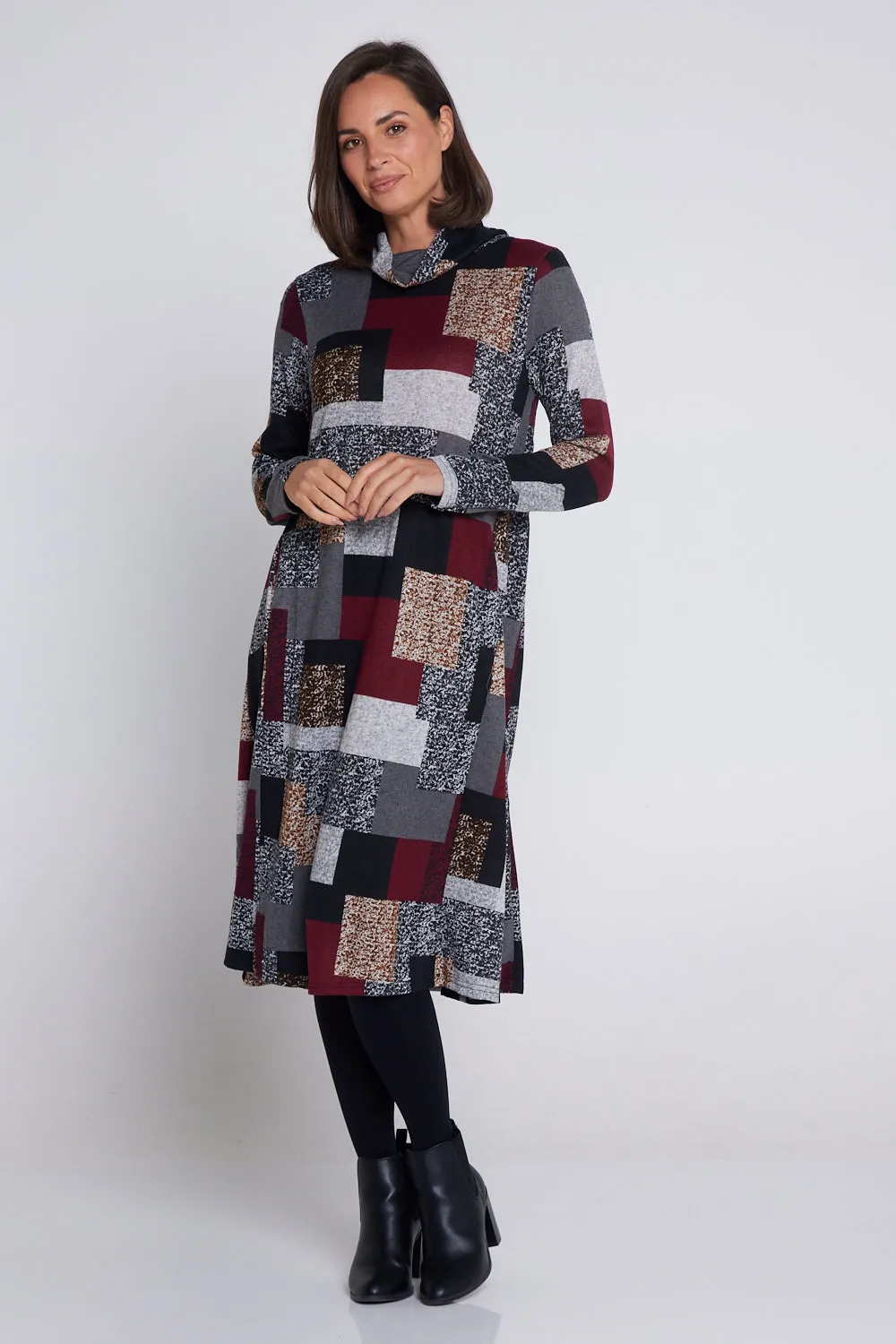 Astrid Tunic Dress - Burgundy/Grey/Black