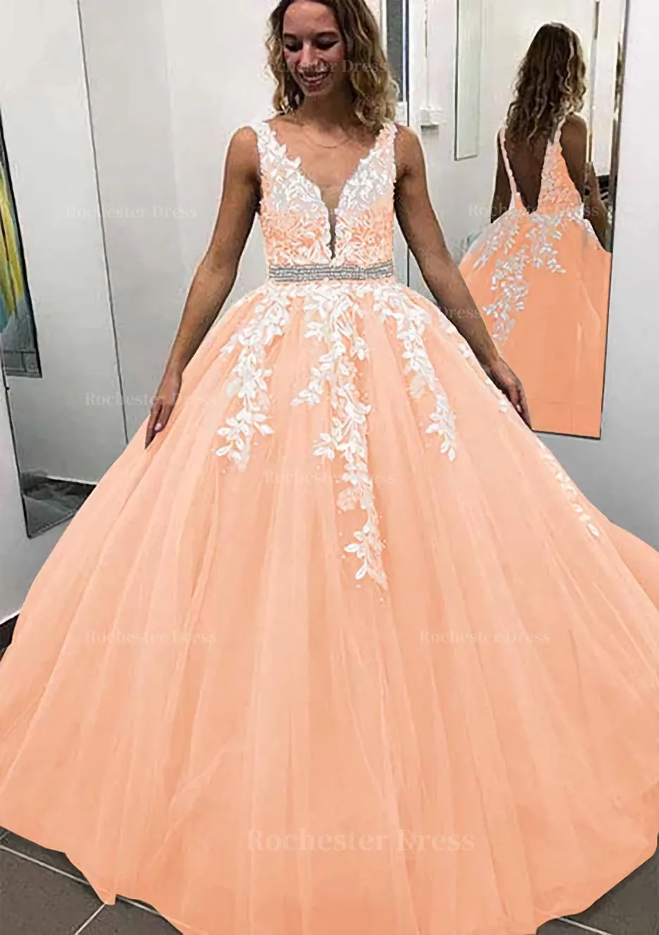 Ball Gown Sleeveless Long/Floor-Length Tulle Prom Dress With Lace Appliqued Beading