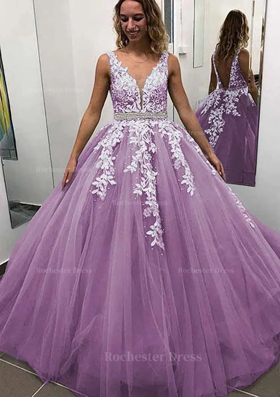 Ball Gown Sleeveless Long/Floor-Length Tulle Prom Dress With Lace Appliqued Beading