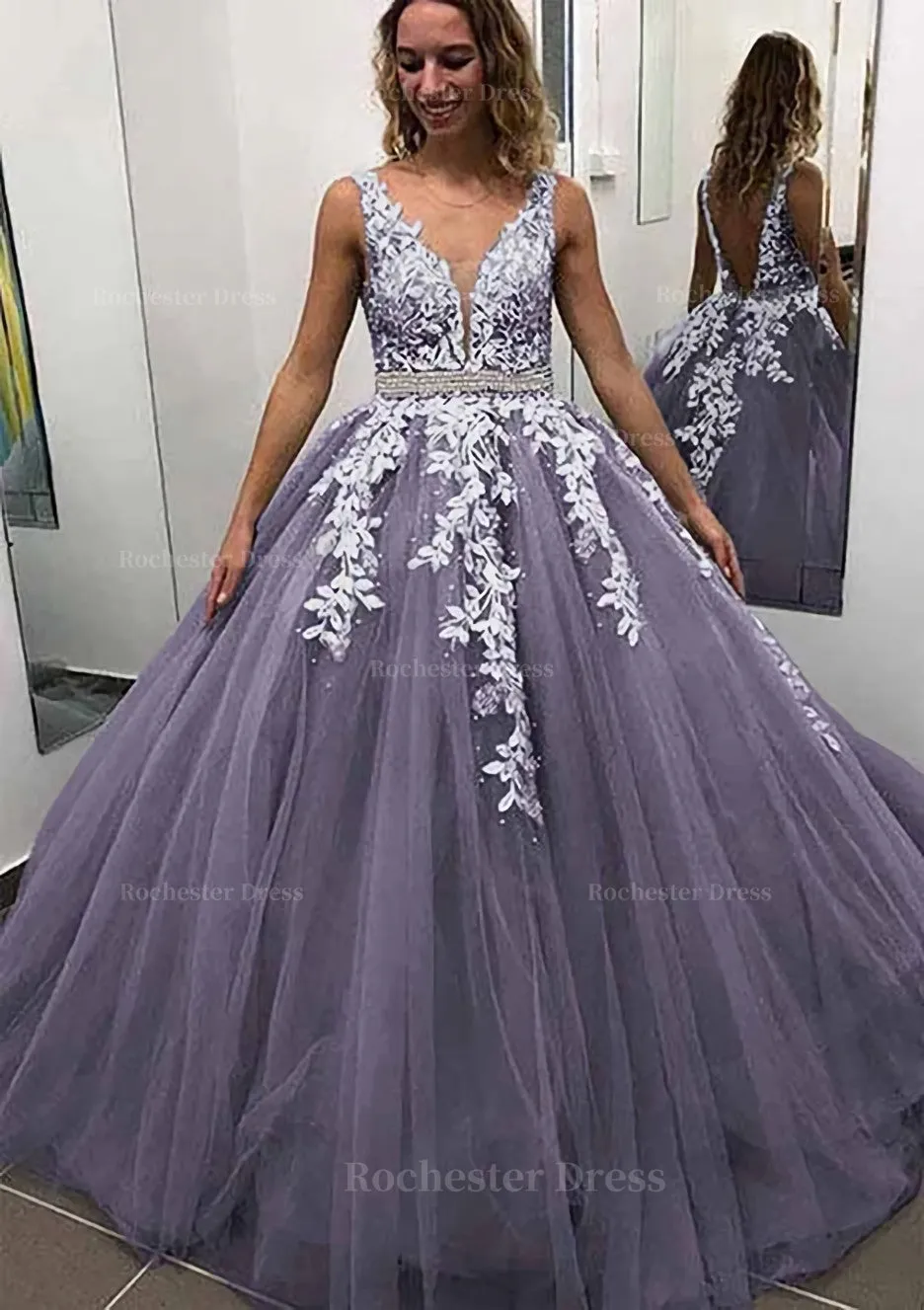 Ball Gown Sleeveless Long/Floor-Length Tulle Prom Dress With Lace Appliqued Beading