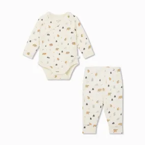 Bear Print Kimono Bodysuit & Leggings Outfit