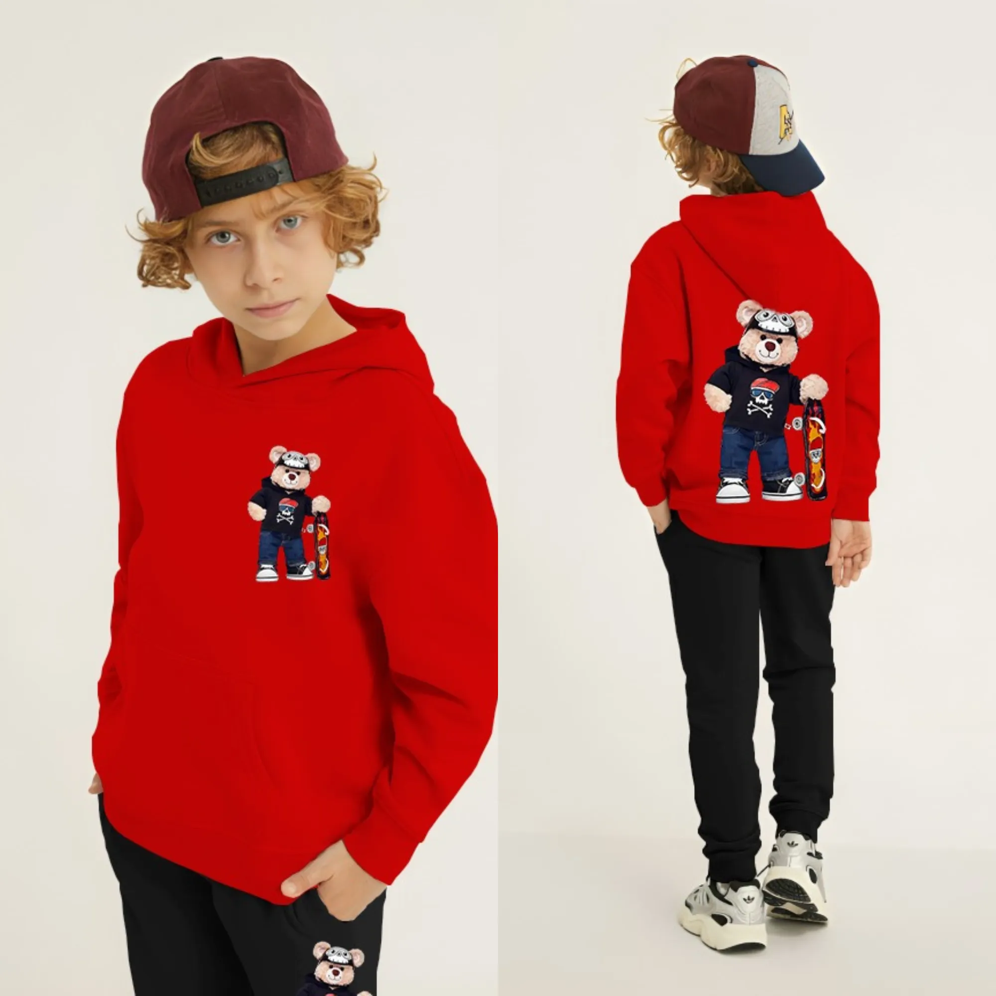 Bear Skateboard Printed Kids Hoodie Set