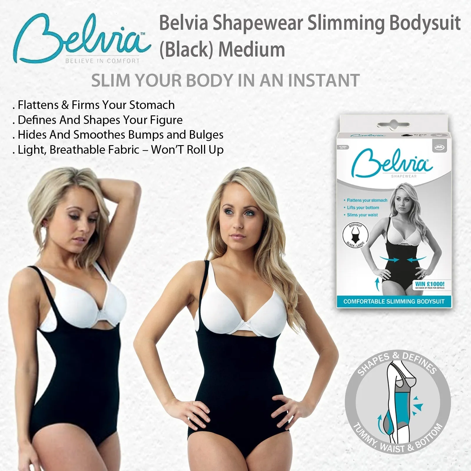 Belvia Shapewear Slimming Bodysuit (Black) Medium