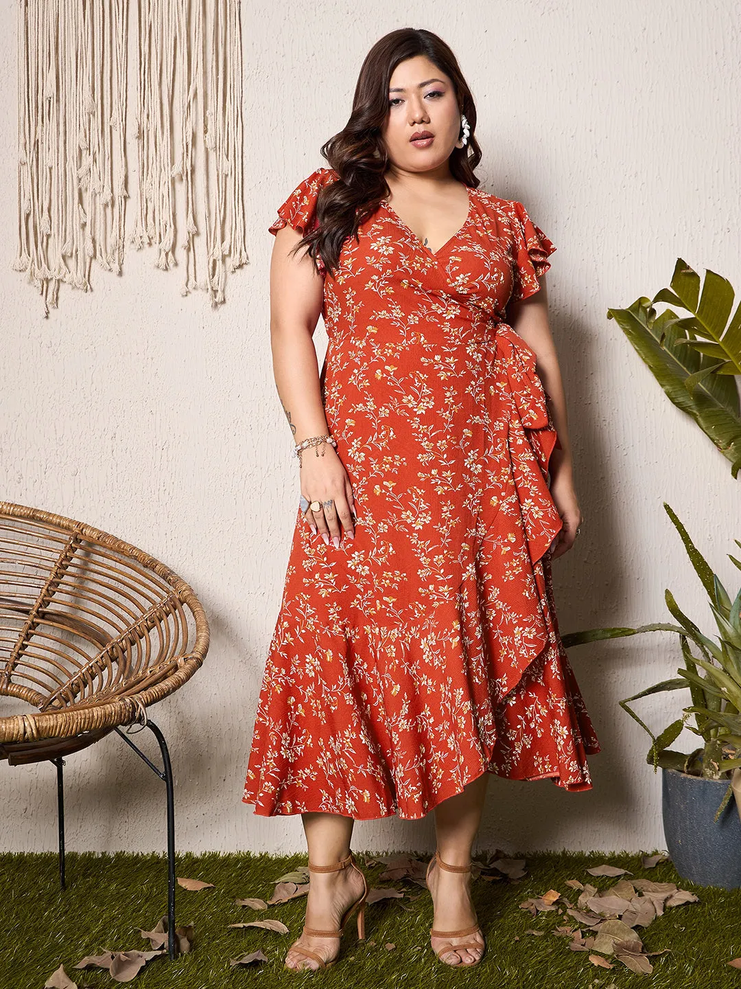 Berrylush Curve Women Red & White Floral Printed V-Neck Flutter Sleeves Wrap Ruffled Midi Dress