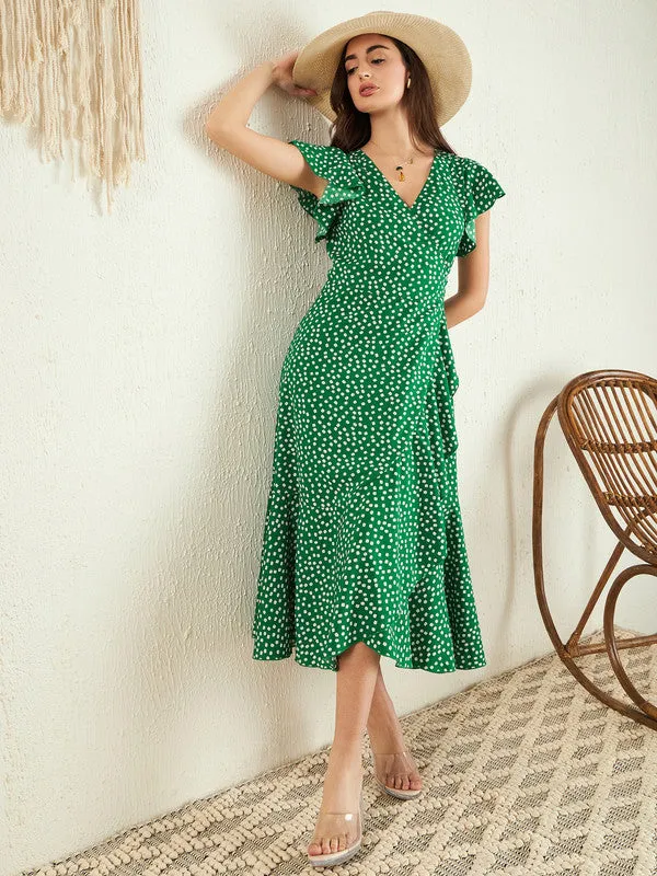 Berrylush Women Green & White Floral Printed V-Neck Flutter Sleeve Waist Tie-Up Straight Hem Wrap Midi Dress