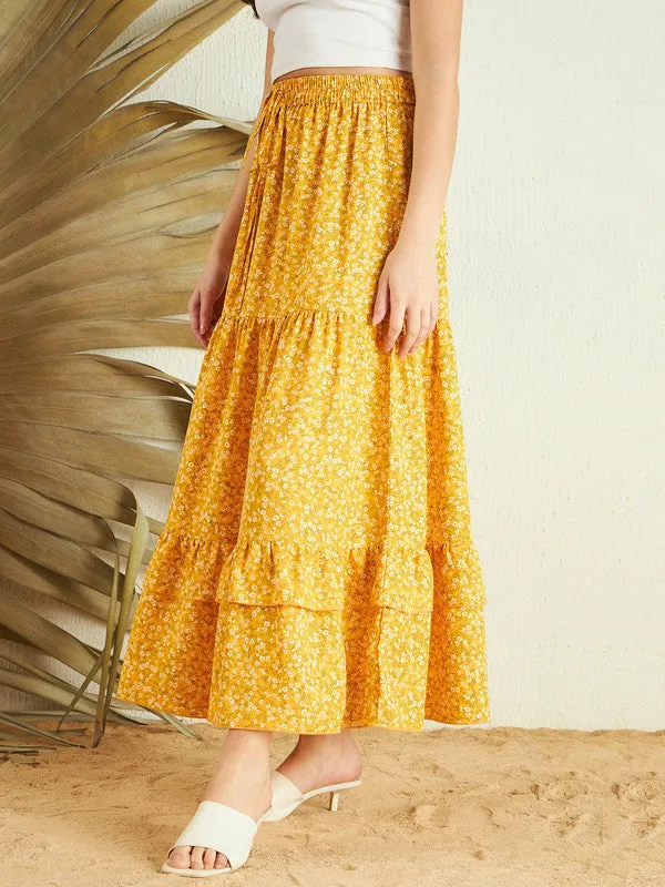 Berrylush Women Yellow & White Floral Printed High-Rise Elastic Waist Tie-Up Pleated A-Line Maxi Skirt