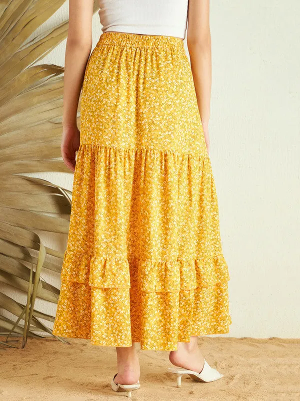 Berrylush Women Yellow & White Floral Printed High-Rise Elastic Waist Tie-Up Pleated A-Line Maxi Skirt