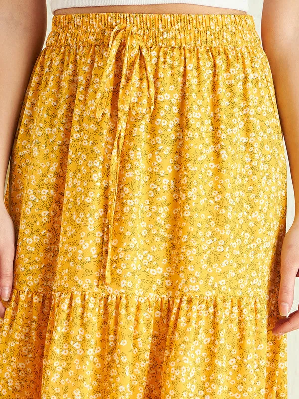 Berrylush Women Yellow & White Floral Printed High-Rise Elastic Waist Tie-Up Pleated A-Line Maxi Skirt