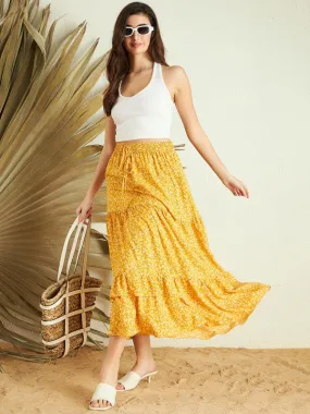 Berrylush Women Yellow & White Floral Printed High-Rise Elastic Waist Tie-Up Pleated A-Line Maxi Skirt