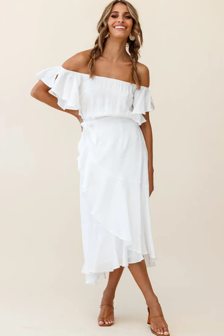 Bettina Bardot Neckline Faux-Wrap Midi Dress White