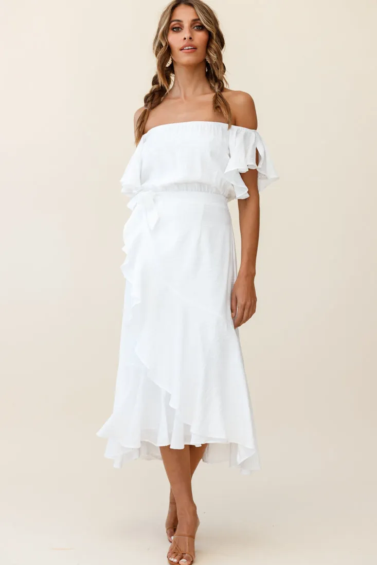 Bettina Bardot Neckline Faux-Wrap Midi Dress White