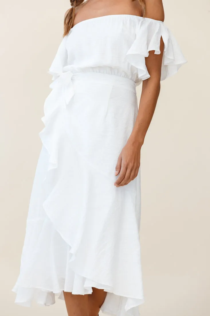 Bettina Bardot Neckline Faux-Wrap Midi Dress White