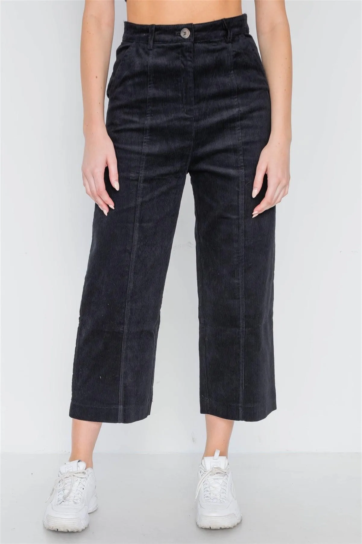 Black Corduroy Wide Leg Cropped Pants /2-2