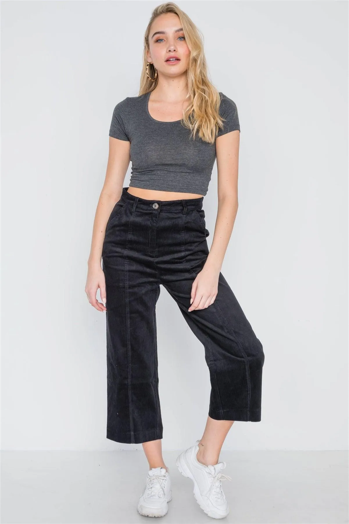 Black Corduroy Wide Leg Cropped Pants /2-2