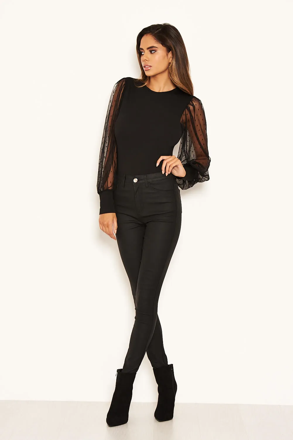 Black Dobby Mesh Long Sleeve Bodysuit