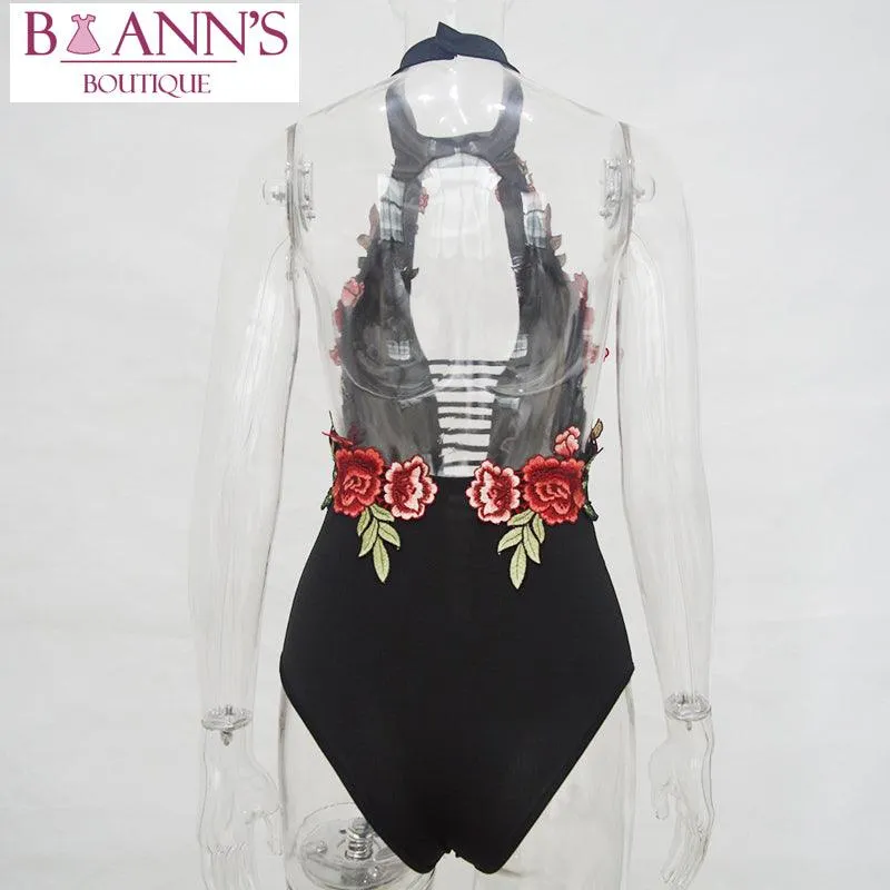 BLACK FLORAL EMBROIDERED BODYSUIT