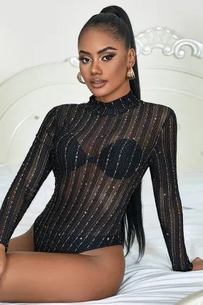 Black Long-Sleeved Mesh Star Bodysuit