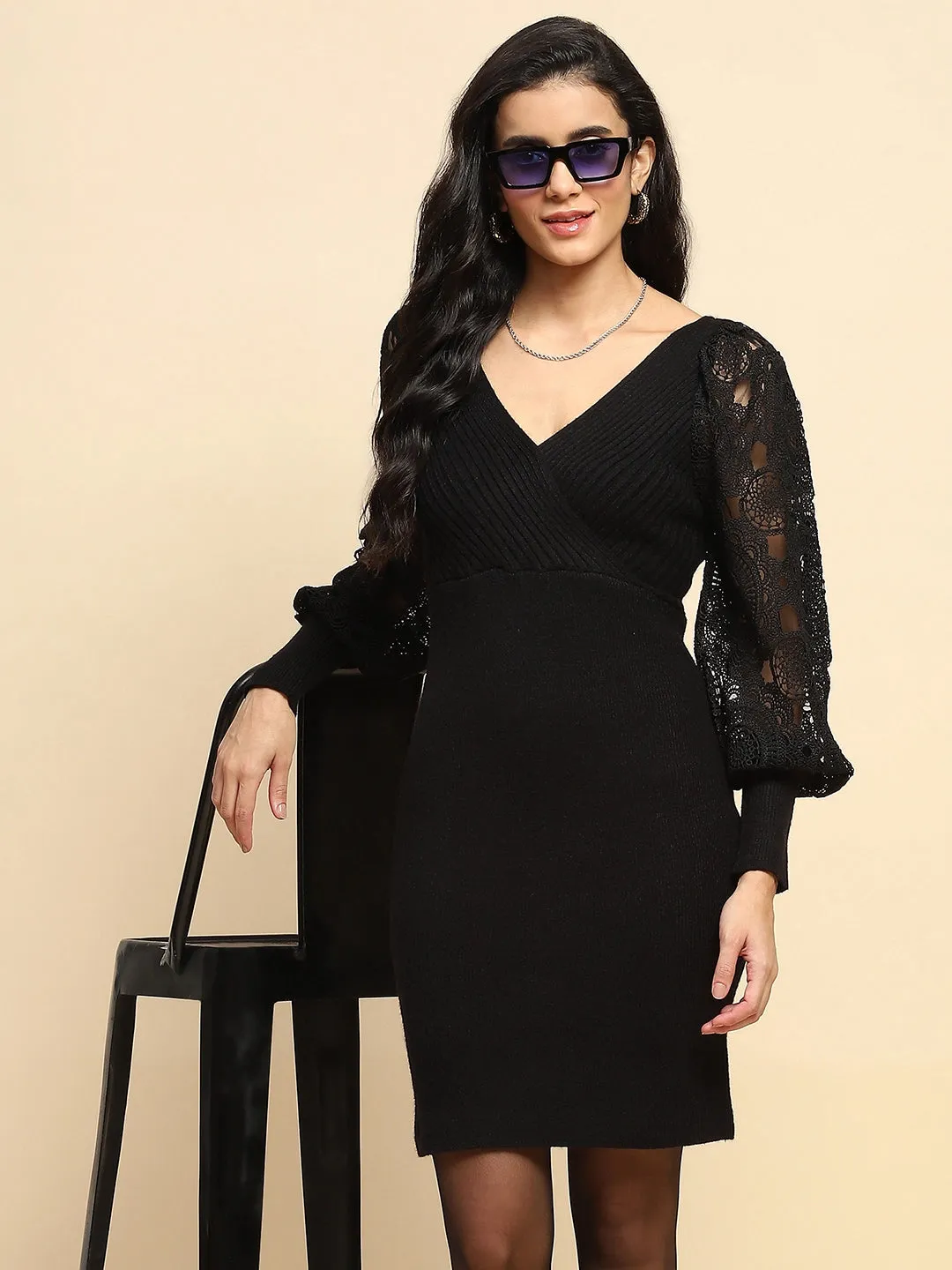 Black Viscose Blend Slim Fit Dress For Women