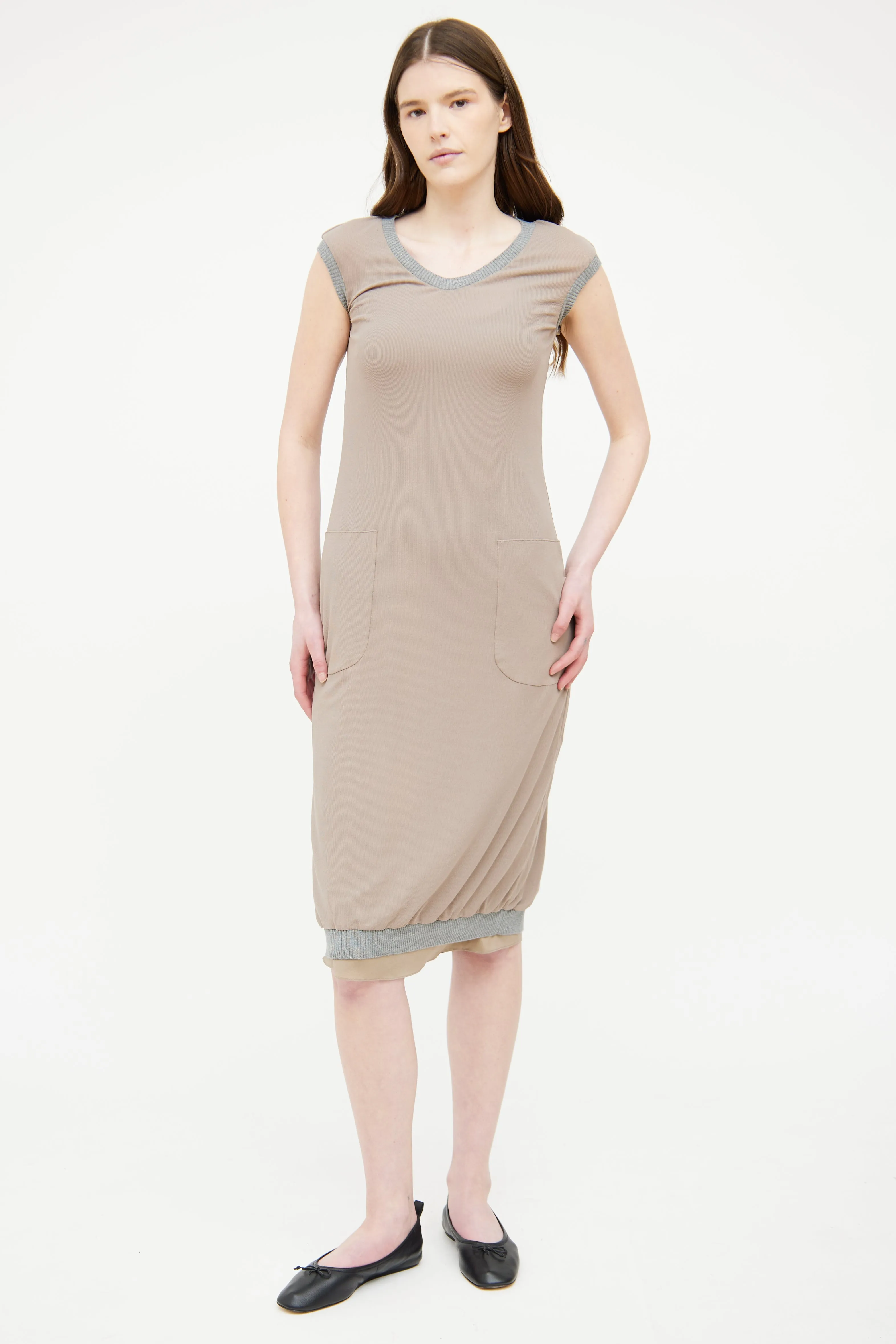 Brown & Grey Pocket Sleeveless Dress