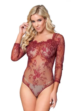 Burgundy Long Sleeve Embroidery Lace Bodysuit