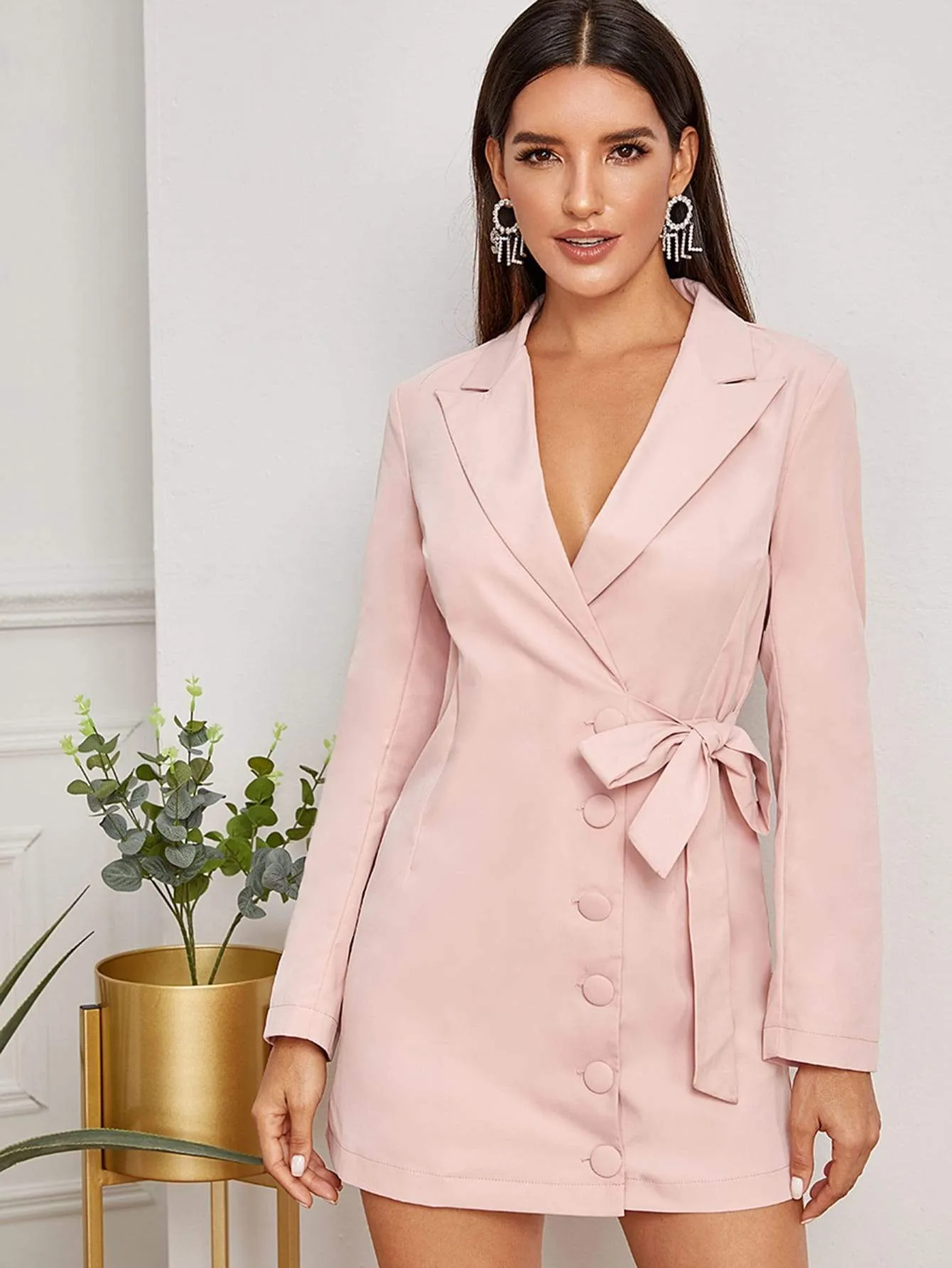 Button Through Tie Side Wrap Blazer Dress