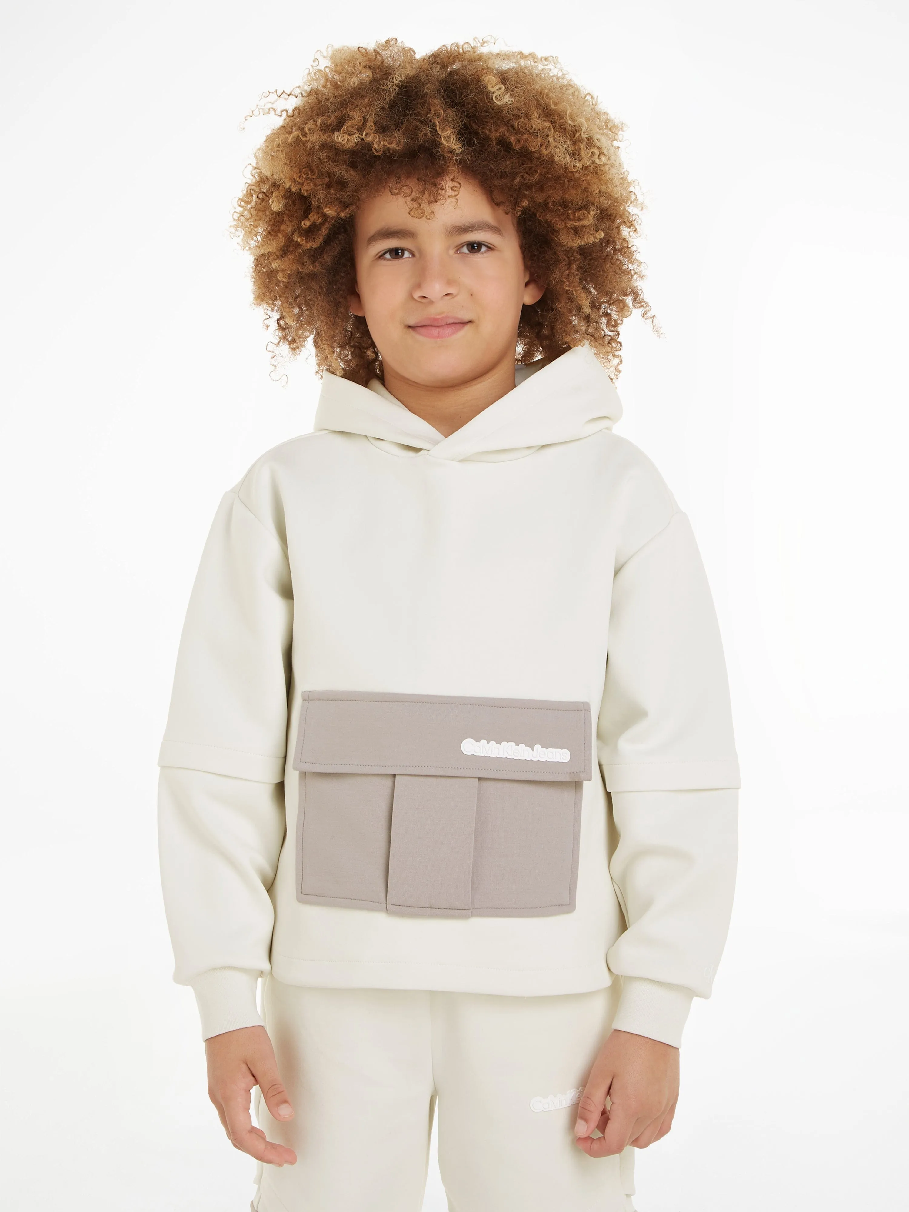 Calvin Klein Boys Spacer Colourblock Layer Hoodie in Ivory