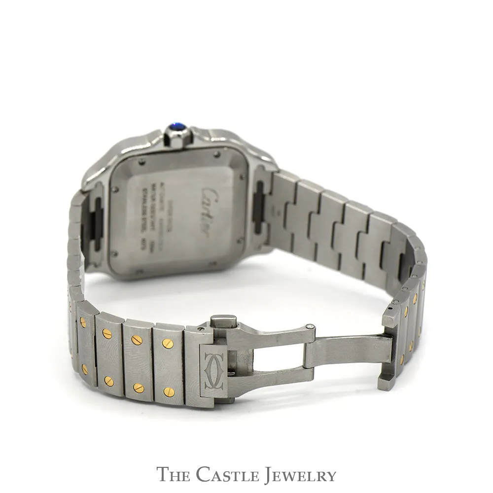 Cartier Santos Large Model Two Tone Designer Watch in 18k Yellow Gold & Stainless Steel with Extras