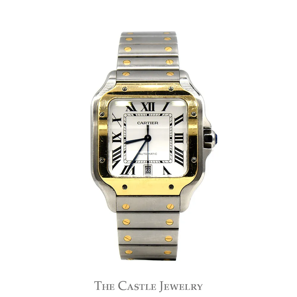 Cartier Santos Large Model Two Tone Designer Watch in 18k Yellow Gold & Stainless Steel with Extras