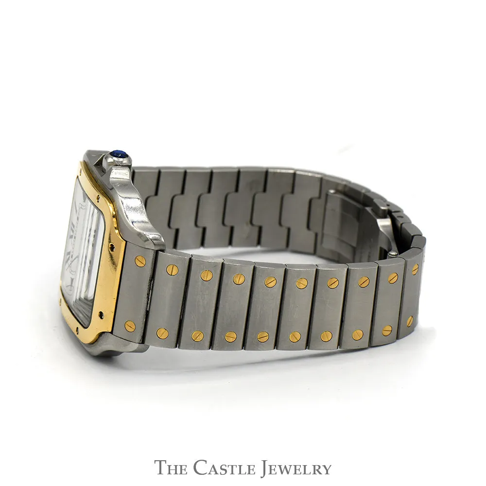 Cartier Santos Large Model Two Tone Designer Watch in 18k Yellow Gold & Stainless Steel with Extras