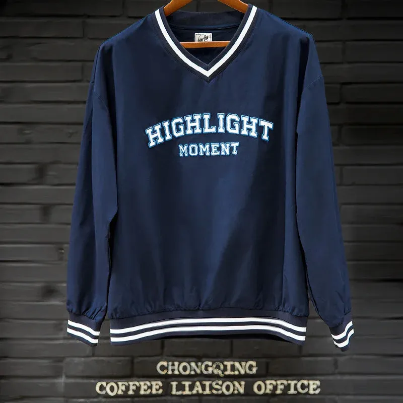 Casual V-neck Baseball Jersey Embroidered Letter Oversize Sweatshirts with Vintage Long Sleeves