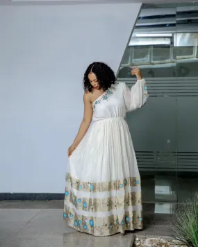 Chic One Shouldered Habesha Dress: with Blue and Golden Traditional Embroidery Ethiopian Dress