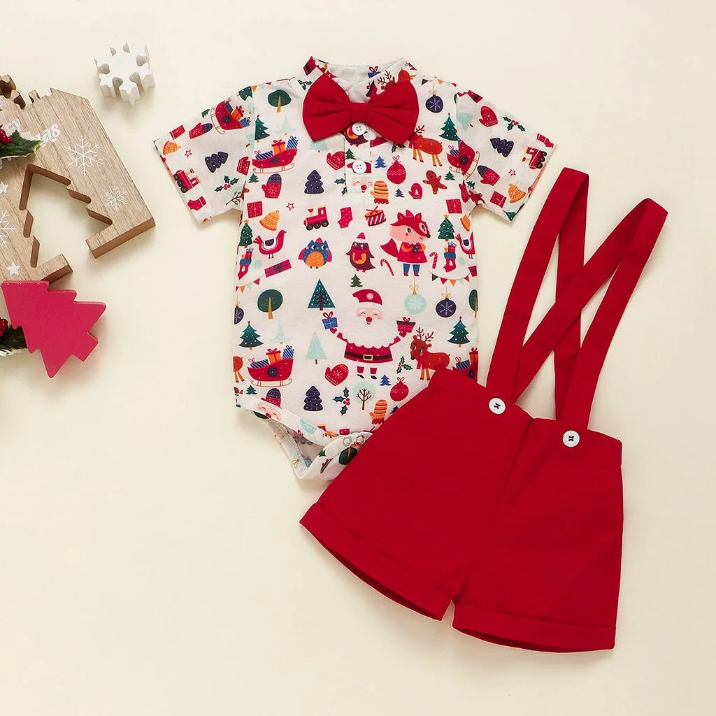 Christmas Bow Tie Bodysuit and Suspender Shorts 2-piece Set