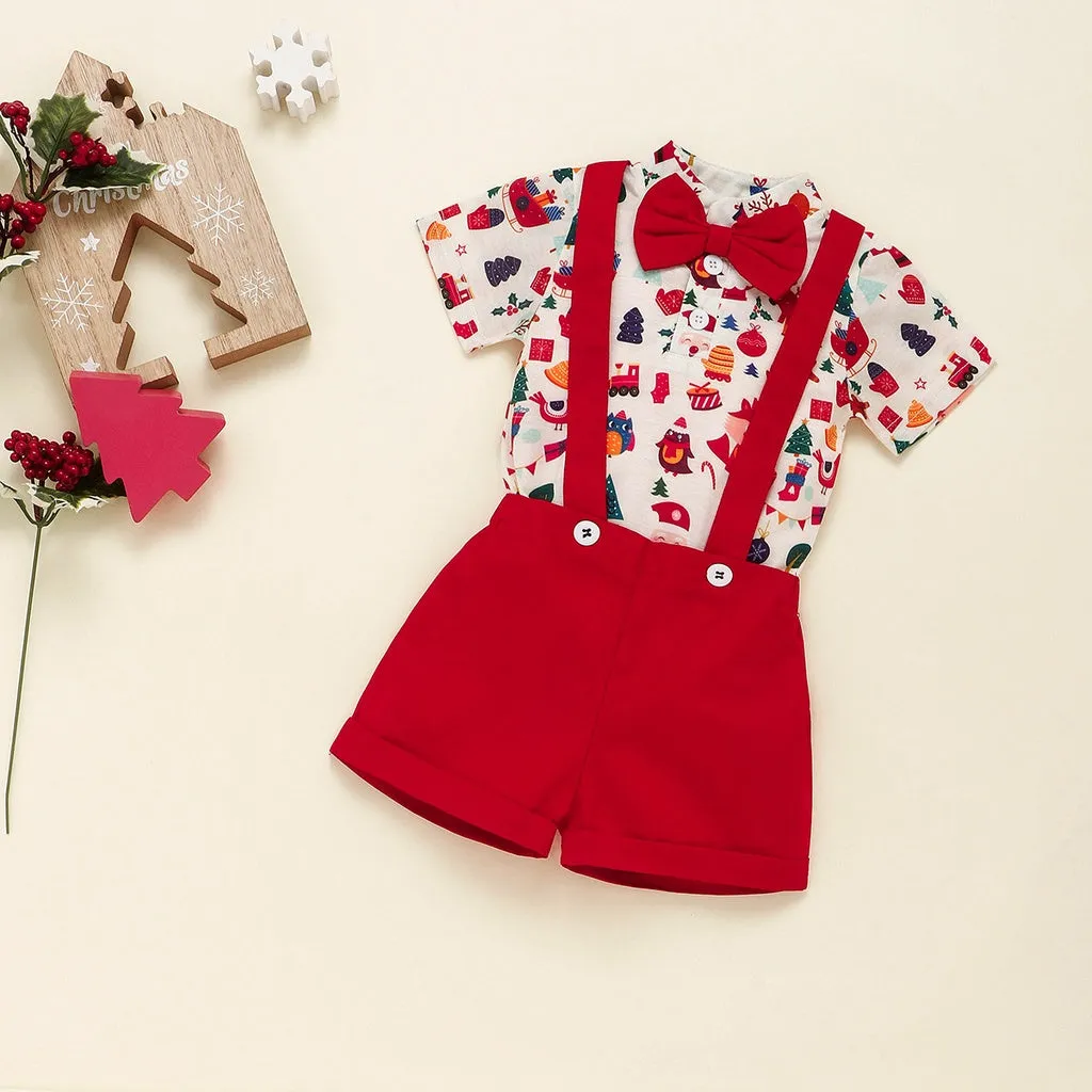 Christmas Bow Tie Bodysuit and Suspender Shorts 2-piece Set