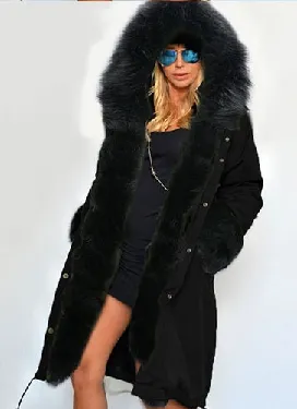 Clearance Zipper Hooded Faux Fur Cuff Long Cotton Coat