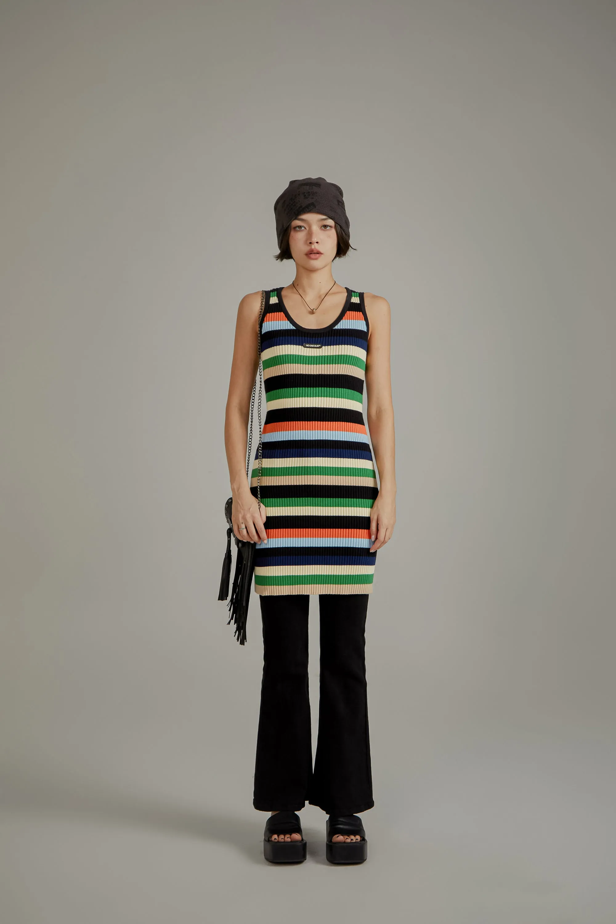 Color Contrast Striped Sleeveless Knit Dress