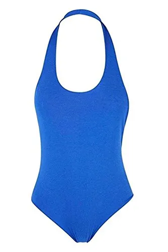 COMMENCER Ladies Women's Halter Neck Sleeveless Backless Stretched Bodysuit Top Thin Fabric Blue-M/L