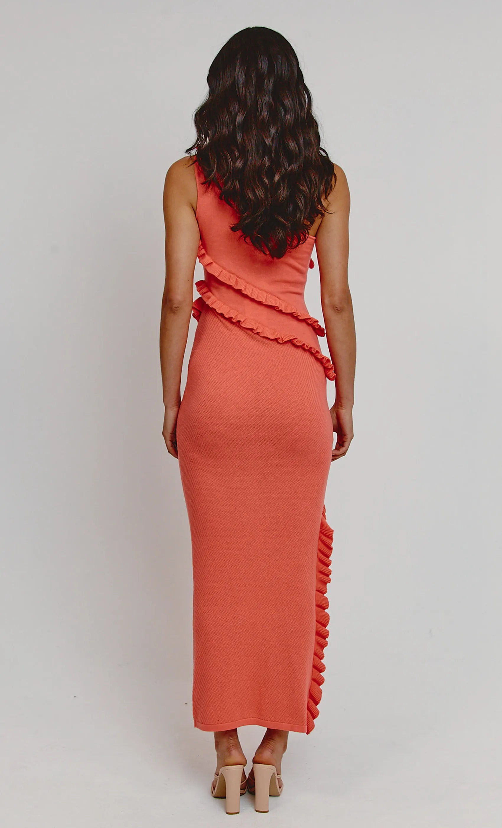 Coral Asymmetric Ruffle Knit Maxi Dress