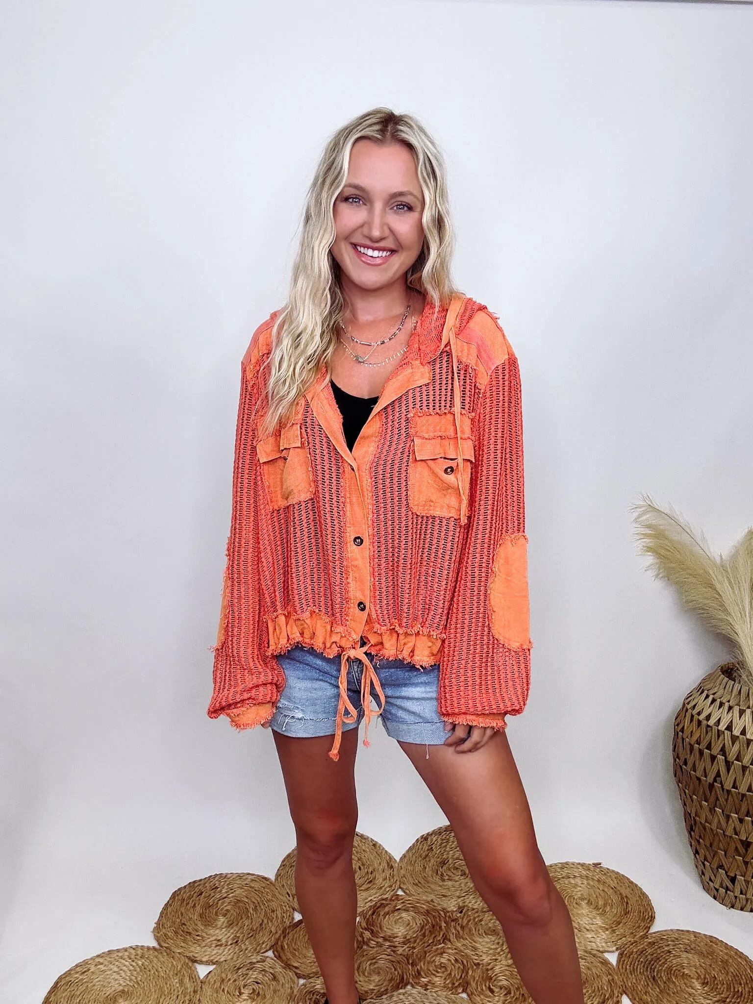 Coral Orange Long Sleeve Button Up Crochet Hoodie Jacket