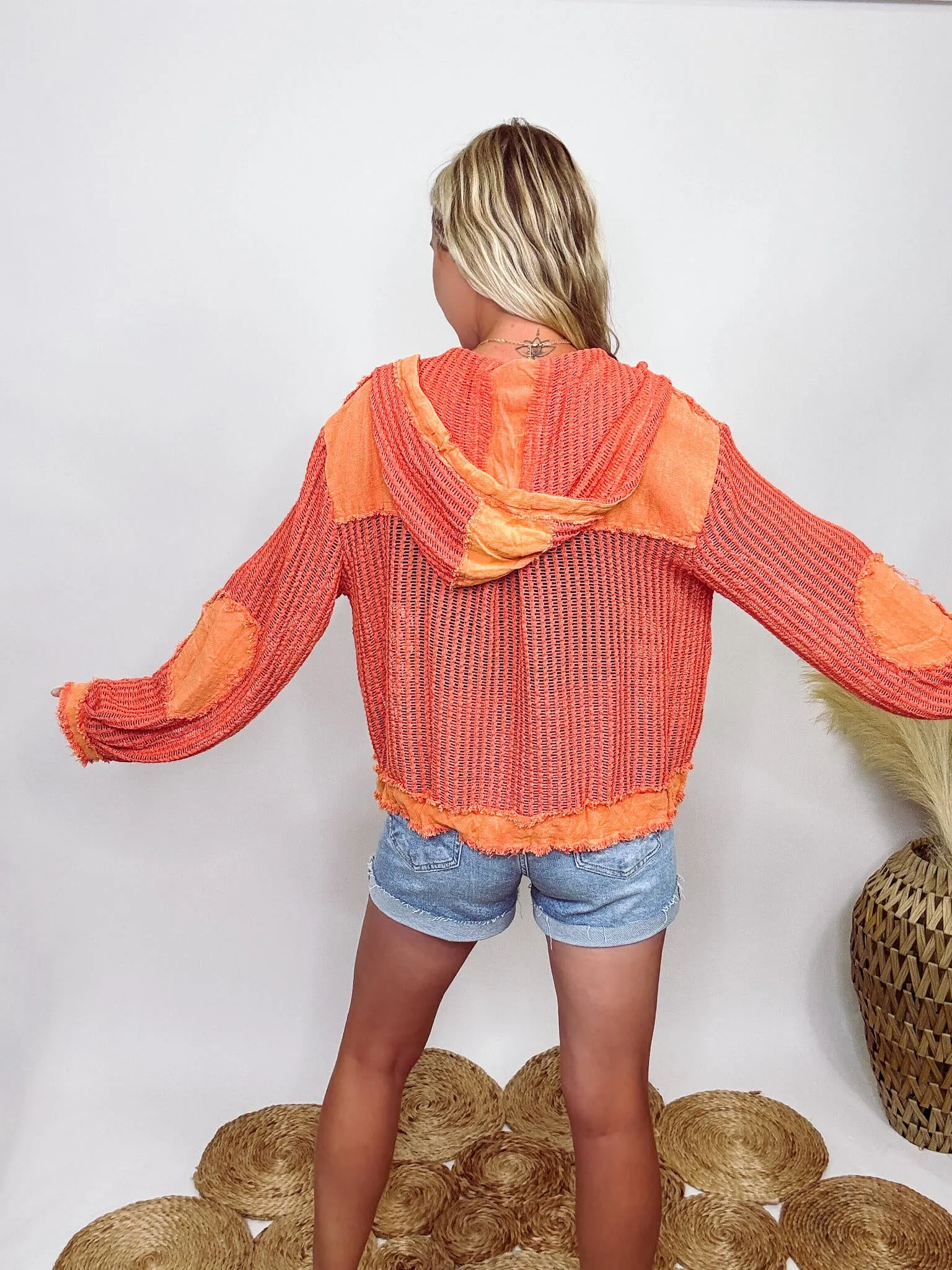 Coral Orange Long Sleeve Button Up Crochet Hoodie Jacket